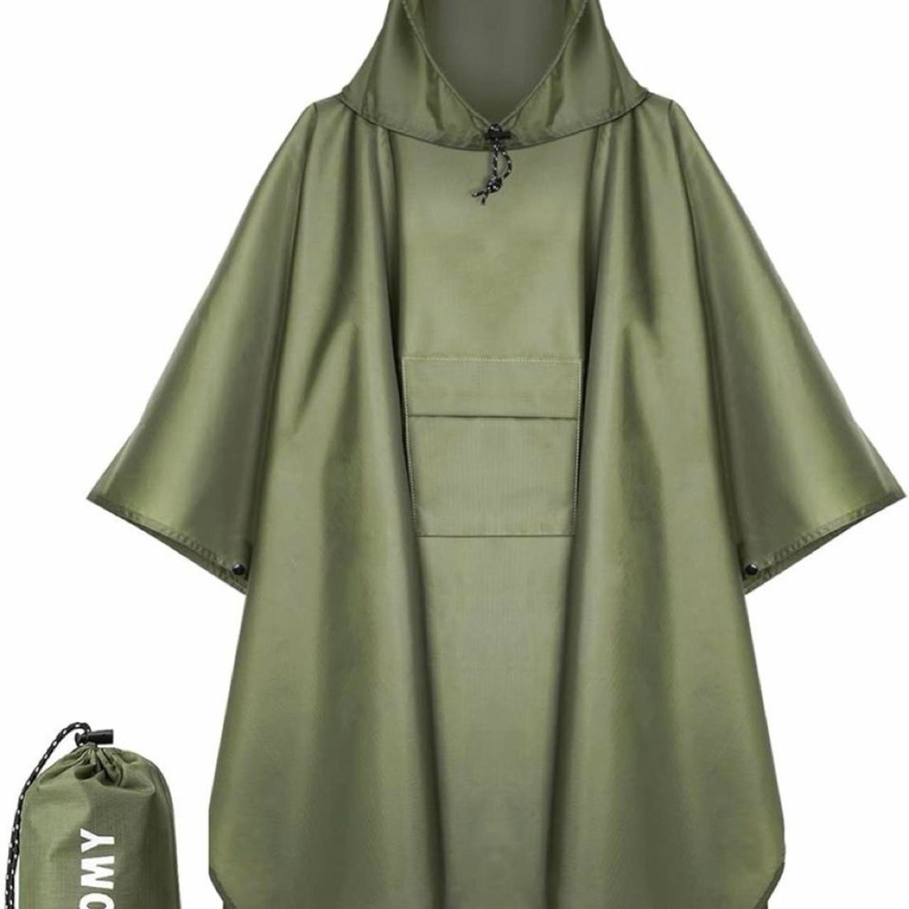 PTEROMY Unisex Hooded Waterproof Reusable 3 in 1 Rain Poncho Green Khaki